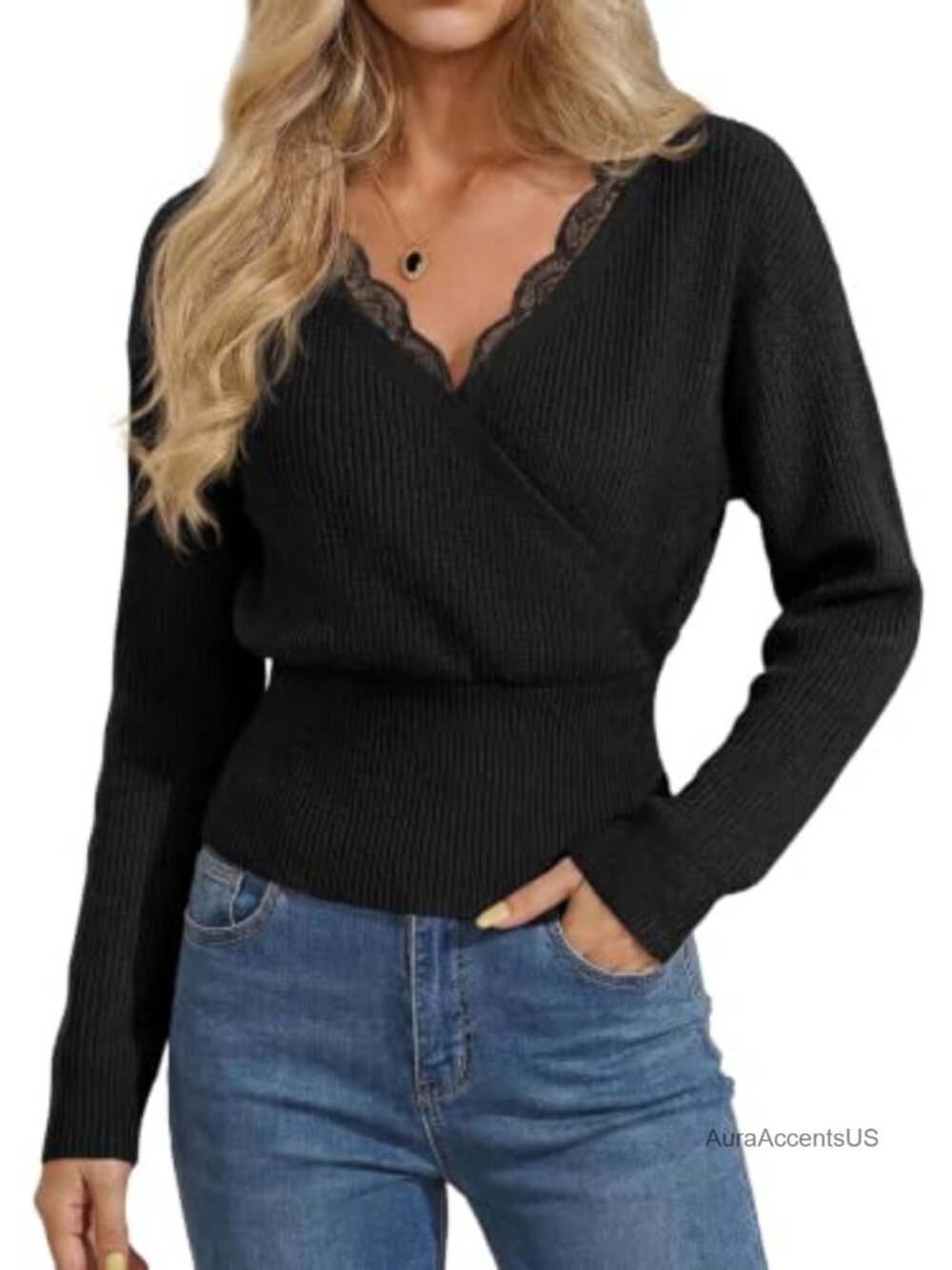 Lace Trim V-Neck Wrap Cropped Sweater Long Sleeve Ribbed Knit